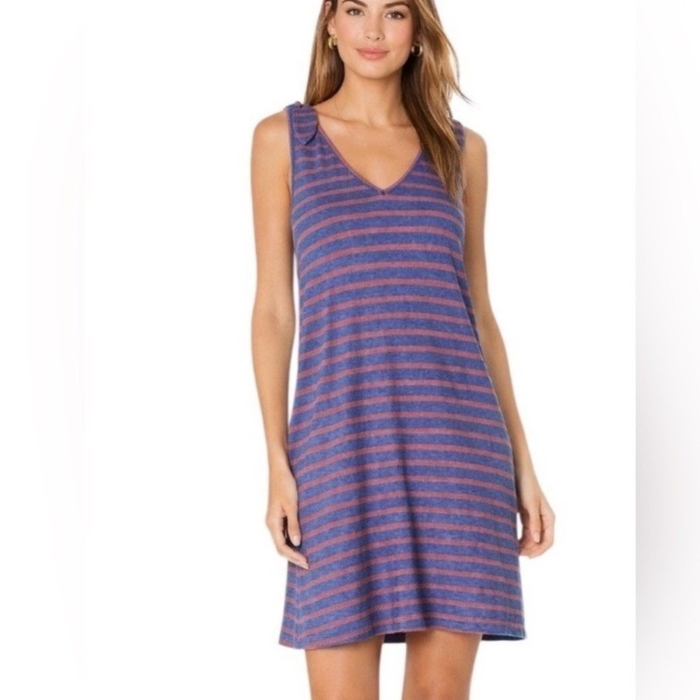 Faherty Florence Dress Small Blue Stripe Tie Shoulder Pockets Summer Coastal